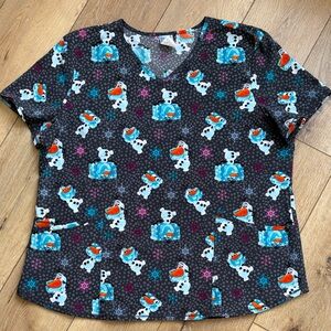 Disney Frozen Frosty Olaf Womens V-Neck Print Scrub Top Size XL